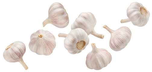 Wall Mural - Falling garlic cloves isolated on white background