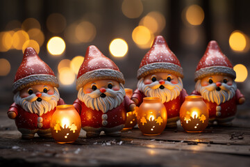 Poster - two santa gnomes with lantern and christmas tree on the floor, Generative AI technology.
