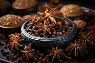 Poster - the star of anise and dried pepper with cinnamon sticks on a dark coloured table, Generative AI technology.