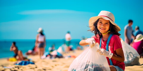 Wall Mural - kids as an organized beach cleanup team, working together to clear plastic and debris from the shoreline.Generative AI