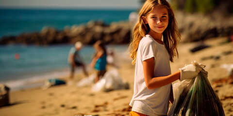 Wall Mural - kids as an organized beach cleanup team, working together to clear plastic and debris from the shoreline.Generative AI