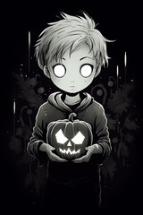 Poster - a picture of a person holding a drawing about a pumpkin, Generative AI technology.