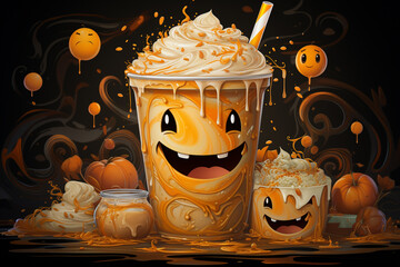 Poster - an animated latte is seen with pumpkins and cream, Generative AI technology.