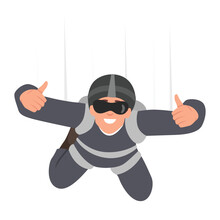 Man Skydiver Hangs In Sky And Shows Two Hands Thumbs Up After Jumping From Airplane. Flat Vector Illustration Isolated On White Background