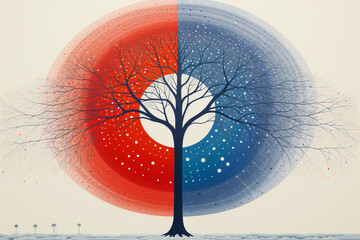 Aufkleber - Japanese minimal art, minimal, quarter red, quarter white, quarter blue, quarter yellow, tree, human, sun, moon, Generative AI technology.