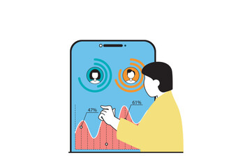 Poster - Digital marketing concept with people scene in flat web design. Man analyzing sales statistics in mobile app and makes advertising. Vector illustration for social media banner, marketing material.