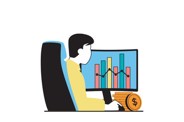 Poster - Digital marketing concept with people scene in flat web design. Man analyzing business statistics with chart infographic at computer. Vector illustration for social media banner, marketing material.