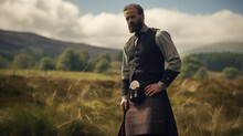 Portrait Of A Traditional Fictional Scottish Man Wearing A Kilt. Meadow Of Scotland Highland Background. Generative AI Illustration.