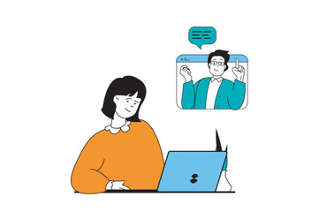 Poster - Education concept with people scene in flat web design. Student listening online webinar using laptop, studying online with teacher. Vector illustration for social media banner, marketing material.