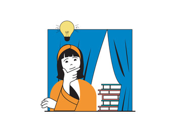 Poster - Education concept with people scene in flat web design. Student going to library for searching information in books and brainstorming. Vector illustration for social media banner, marketing material.