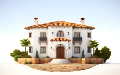 Traditional Italian Spanish house with trees isolated on white background in real estate sale property investment home for family, village, relax, old. 3d illustration of residential building exterior