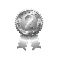 Second prize silver medal on isolated white background. Award badge with silver ribbon. Champion symbol of victory in competitive games. Vector illustration.