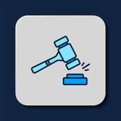 Poster - Filled outline Auction hammer icon isolated on blue background. Gavel - hammer of judge or auctioneer. Bidding process, deal done. Auction bidding. Vector