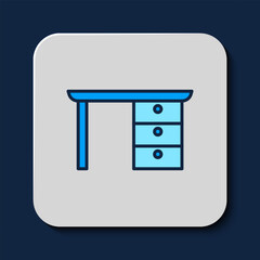 Sticker - Filled outline Office desk icon isolated on blue background. Vector