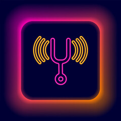 Canvas Print - Glowing neon line Musical tuning fork for tuning musical instruments icon isolated on black background. Colorful outline concept. Vector