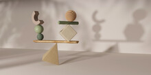 Set Of Colorful Objects Of Different Geometric Shapes Balancing While Placed On White Background