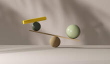 Rectangle Shaped Plank Balancing On Gray Ball With Colorful Spheres And Round Wood On White Ground