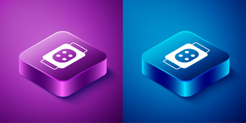 Poster - Isometric Knee pads icon isolated on blue and purple background. Extreme sport. Skateboarding, bicycle, roller skating protective gear. Square button. Vector