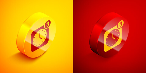 Poster - Isometric Alarm clock app smartphone interface icon isolated on orange and red background. Circle button. Vector