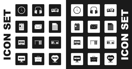 Sticker - Set Movie, film, media projector, Envelope, Spiral notebook, Clock, File document, Headphones, Shelf with books and Laptop text work icon. Vector