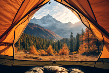 pov from a camping tent: scenic view of the mountains in the autumn