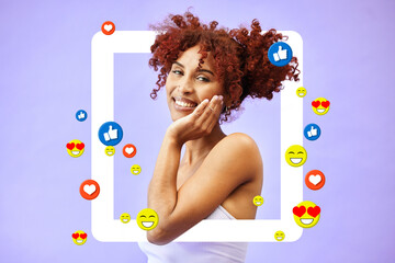 Social media, portrait and woman in a frame for a blog, post or profile picture of influencer with support of online following. Happy, face or model in studio background and border or website overlay