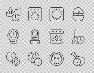 Poster - Set line Time management, Food time, Sun, World, Stocks market growth graphs, Antique clock, Day and Cleaning icon. Vector