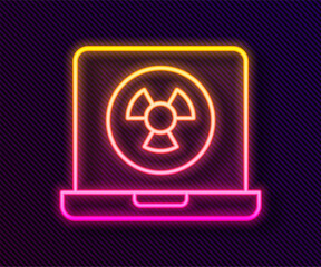 Wall Mural - Glowing neon line Nuclear laptop icon isolated on black background. Vector