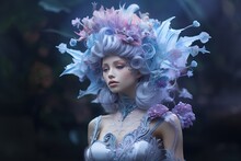 Whimsical Artistic Portrait Of A Woman Wearing Fancy Outfit And Make Up As Alien Flora Fae, Generative Ai