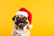 A Happy Dog With A Christmas Hat, Winter Concept, Isolated On Solid Yellow Studio Background Advertisement, Copy Text Space.