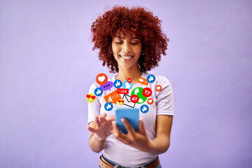 Poster - Smile, chat and a woman with a phone for social media, networking or digital marketing. Happy, reaction and a girl reading on a mobile with a notification icon on a purple background for an app