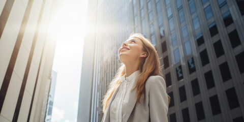 Happy smiling businesswoman in business district. Concept of business, success and entrepreneurship.