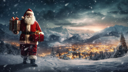 Wall Mural - holiday christmas winter costume sky night nature mountain snow santa. Generative AI.