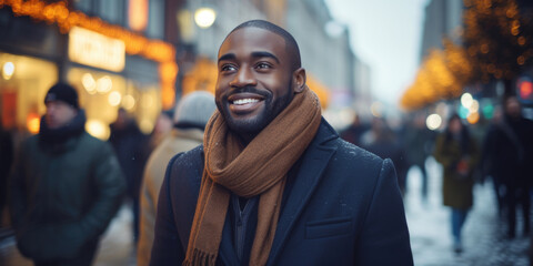 Wall Mural - Happy black businessman in London city in winter. Concept of business, success and entrepreneurship.