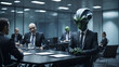 © Diax - An alien in a suit, sitting in a meeting room, discussing a project with a group of colleagues.