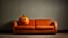 Pumpkin Jack-o-lantern On A Sofa. Halloween Theme, Jack O Lantern, Orange Minimalist Famous Vintage Style. Spooky 3d Design Background. With Copy Space