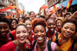 Happy women smile as they pose for a photo during march to mark the International Women's Day. Afro American, Brazilian women. Women on the march for equal rights.