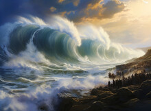 Deluge, Great Flood. A Huge Wave Hits The Shore. Illustration. Biblical Scene