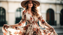 A woman stands in a bohemian style, wearing a flowy floral dress.