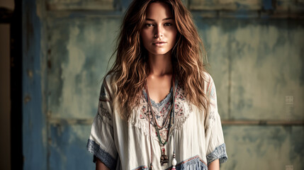 She rocks a boho-chic style in an embroidered tunic.