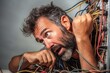 Funny exhausted man is trying to fix the electrical wiring. Generative AI