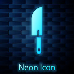 Poster - Glowing neon Knife icon isolated on brick wall background. Cutlery symbol. Vector