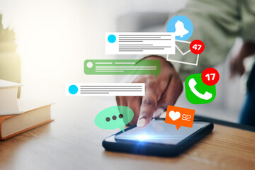 Poster - Phone, notification icon or hands typing for communication, social media or chat texting on online dating. Closeup, email overlay or person on an app to scroll on website or digital network at home