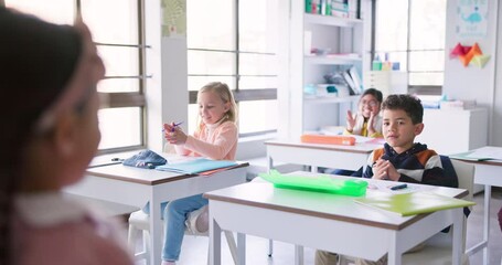 Sticker - Class, presentation applause and child with celebration and cheering in classroom at school. Young kid, education and oral project with a student and teacher with children group in discussion