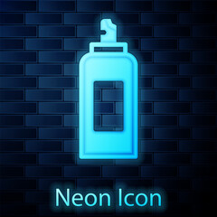 Sticker - Glowing neon Paint spray can icon isolated on brick wall background. Vector