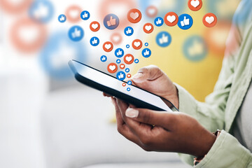 Aufkleber - Phone, social media icon or hands typing for communication, chat texting or online dating. Closeup, like emoji overlay or person on a mobile app screen to scroll on website or digital network at home