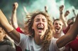 Weibliche Fans feiern bei Fußballturnier im Stadion, Europameisterschaft, Weltmeisterschaft 