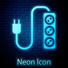 Poster - Glowing neon Electric extension cord icon isolated on brick wall background. Power plug socket. Vector