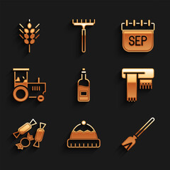 Sticker - Set Bottle of wine, Winter hat, Handle broom, scarf, Candy, Tractor, September calendar autumn and Wheat icon. Vector