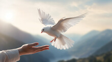 Code Up Hand Releasing A White Pigeon On The Background, Natural Scenery, Mountains, Sky, Blurred Style. Freedom Concept And International Day Of Peace. Generative AI